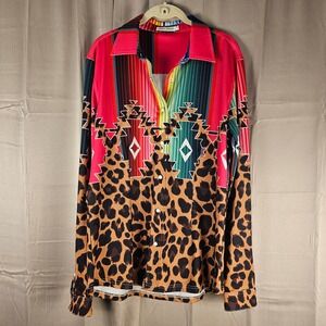 Ranch Dressn Womens Southwestern Leopard Western Snap Button Rodeo Shirt XL